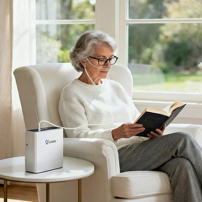 VARON portable oxygen concentrator with carrying bag beside a woman relaxing in a bright living room