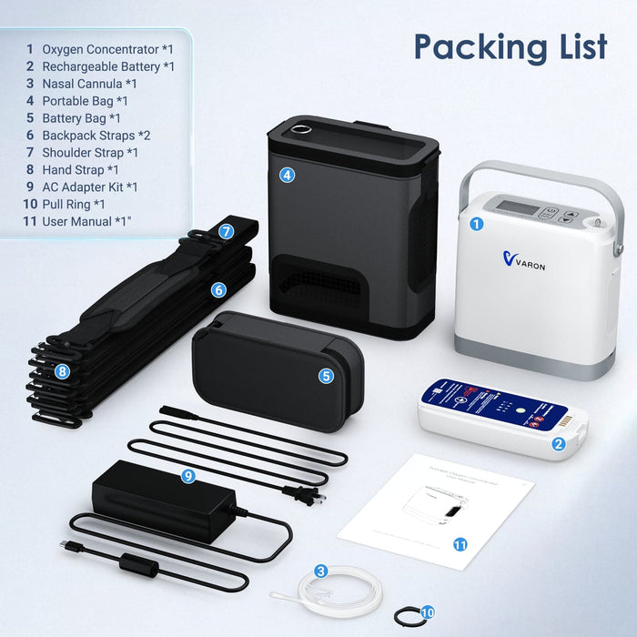 VARON VP-8G product package image showing the concentrator, rechargeable battery, carrying bag, straps, and AC adapter