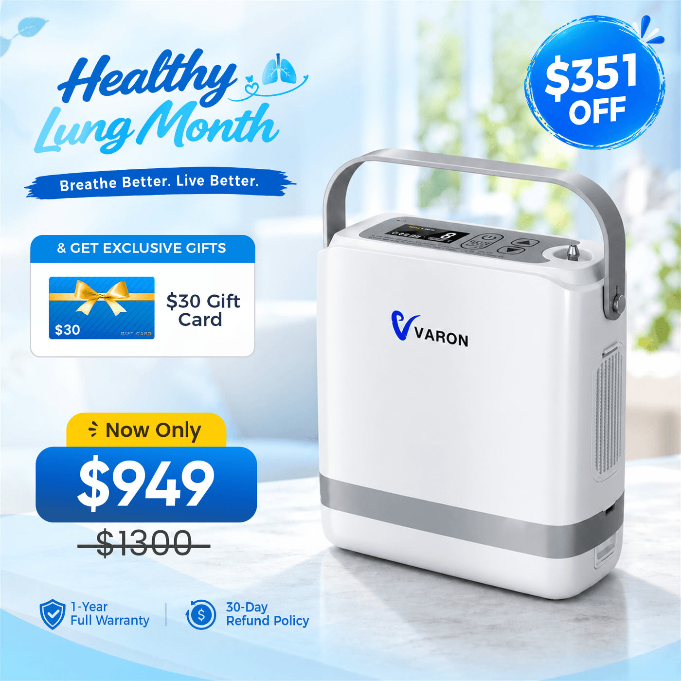VARON VP-8G Portable Pulse Flow Oxygen | 1–8 Settings