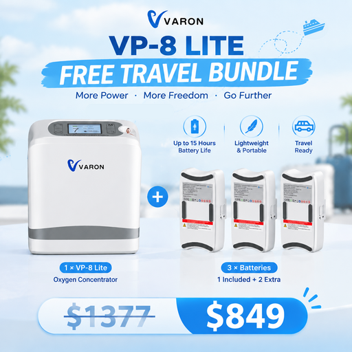 VARON VP-8 Lite Free Travel Bundle - Lightweight Portable Oxygen Concentrator with 2 Extra Batteries