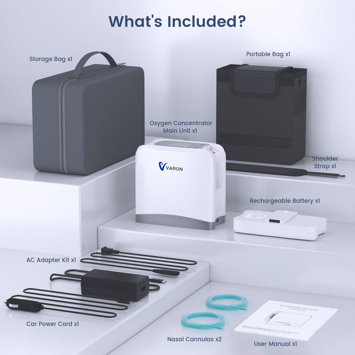 VARON VP-8 Lite package-content image showing the concentrator, battery, carrying bag, storage case, AC adapter, and car power cord