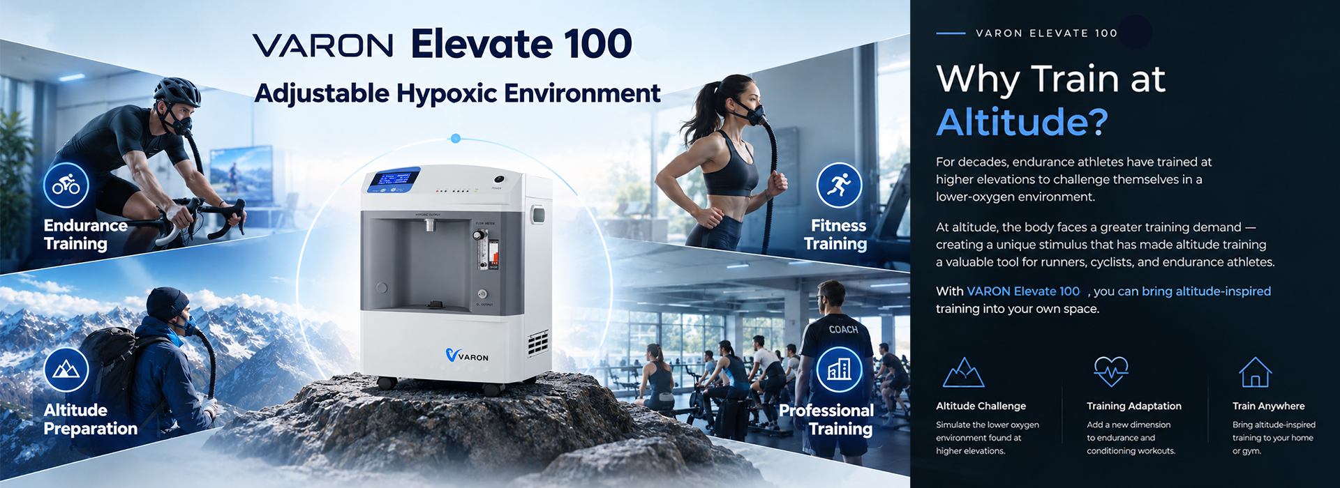 Promotional graphic for the VARON Elevate 1000 adjustable hypoxic environment machine, showing the white and blue machine in the center with athletes training in outdoor and gym settings around it. Text on the right explains benefits of training at altitude.