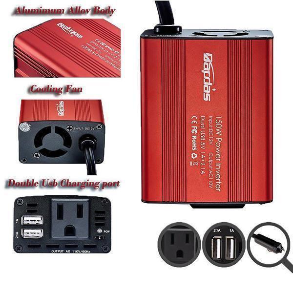 150W Car Power Inverter DC/AC Car with 3.1A Dual USB Car Adapter-Red - VARON